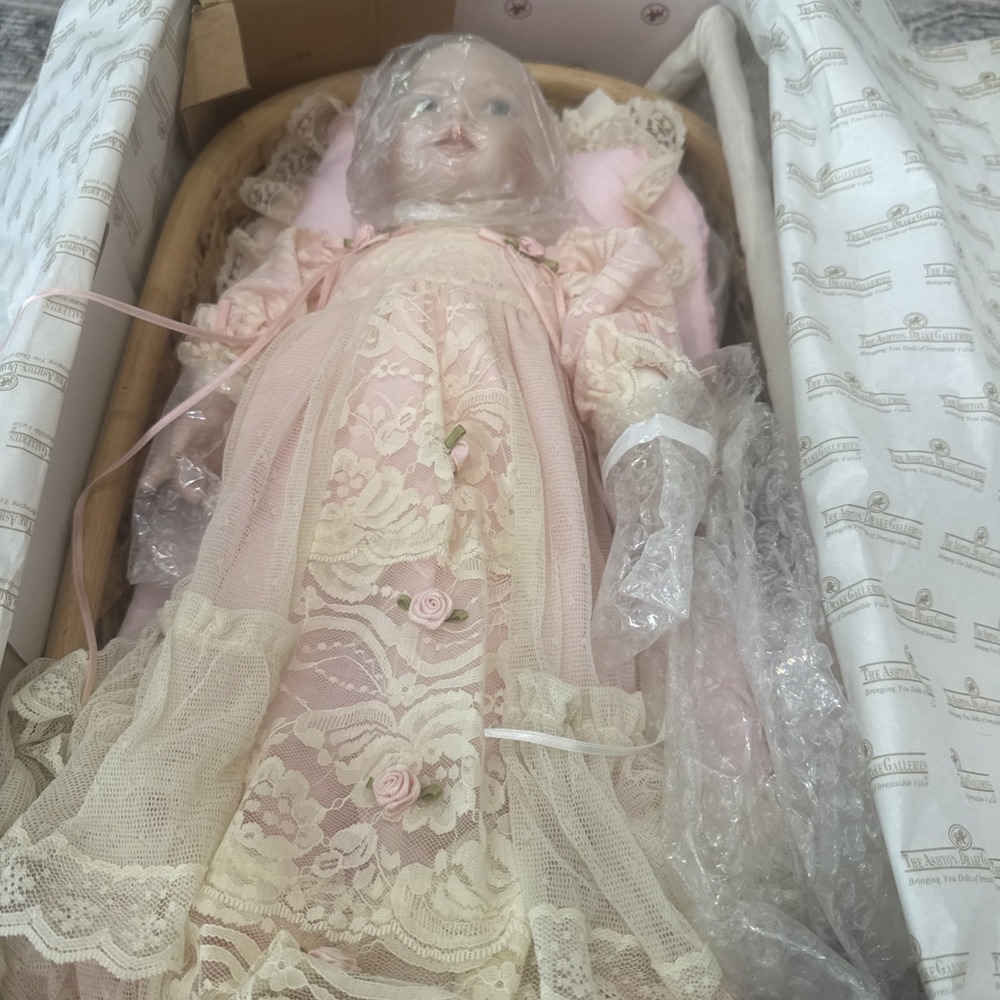 Victorian Lullaby Porcelain Doll by Cindy McClure…1994 W/ Certificate & Bassinet